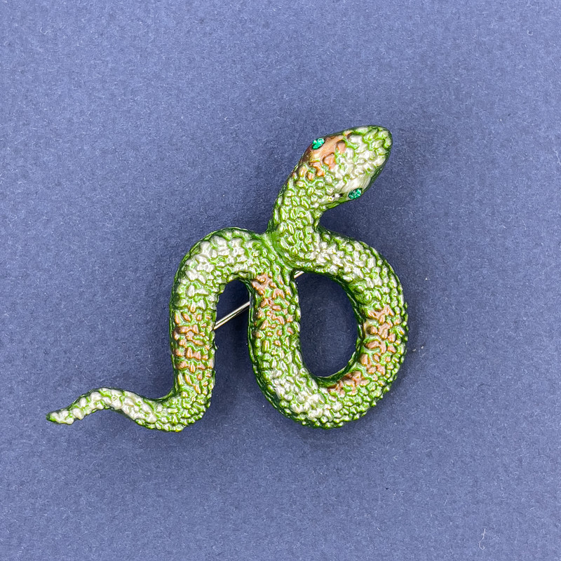 Snake Brooch Pendant, Light Green Enamel with Green Rhinestones, Silver-tone Metal, 53x32mm +