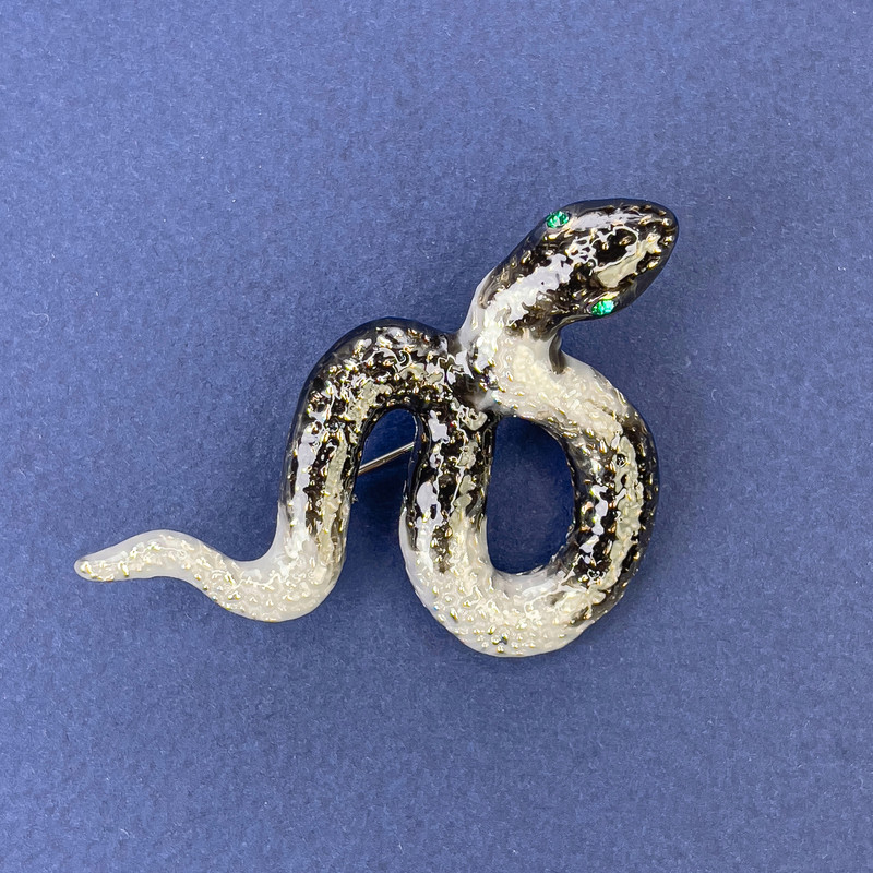 Snake Brooch Pendant Grey Enamel with Light Blue Rhinestones Silver-Tone Metal 53x32mm +