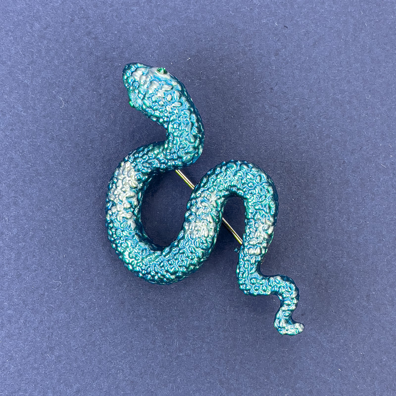 Snake Brooch Pendant Light Blue Enamel with Light Blue Rhinestones Silver-Tone Metal 30x55mm +