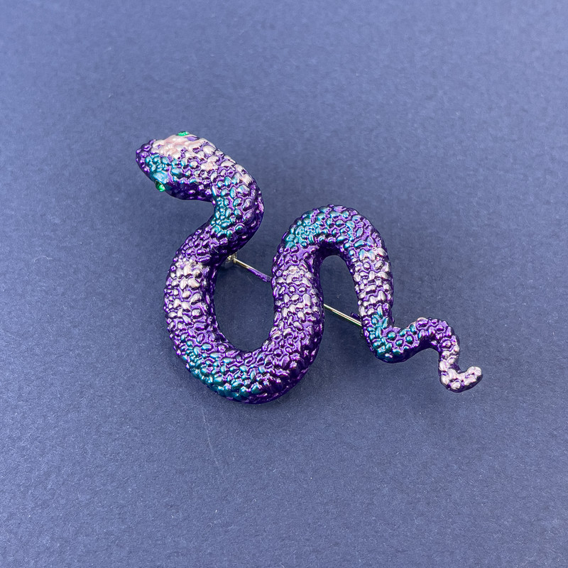 Snake Brooch Pendant Purple-Blue Enamel with Light Blue Rhinestones Silver-Tone Metal 30x55mm +