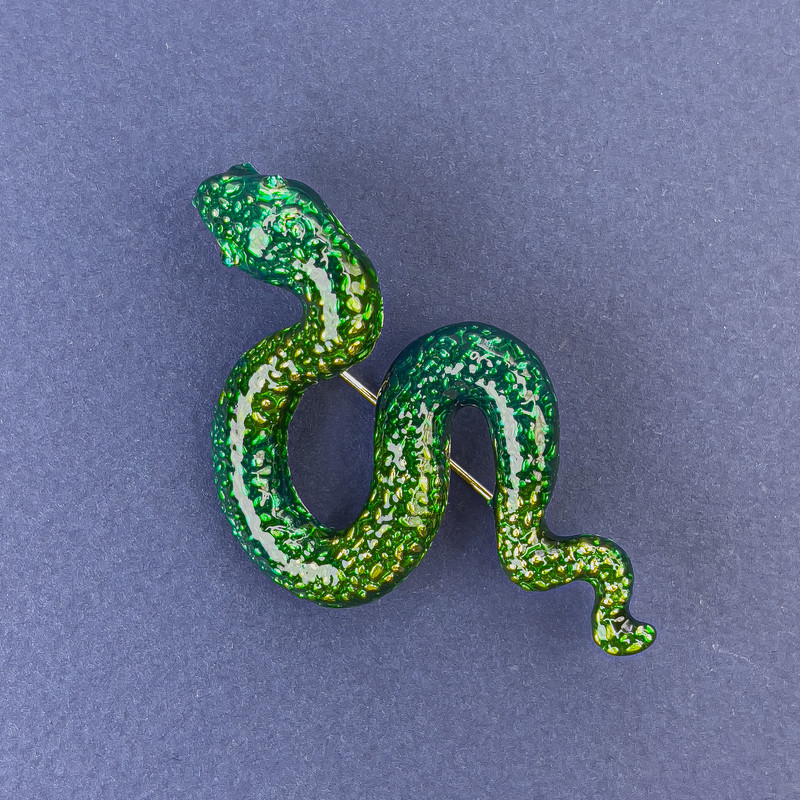 Elegant Snake Brooch Pendant Green Enamel with Green Rhinestones Golden Metal 30x55mm +