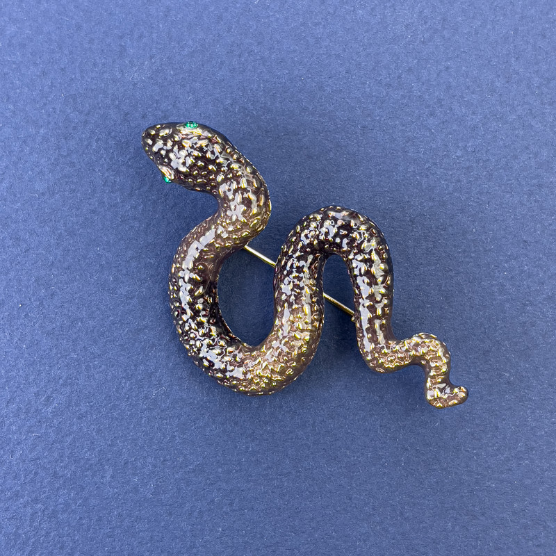 Snake Brooch Pendant Bronze Colour Enamel with Green Rhinestones Golden Metal 30x55mm +