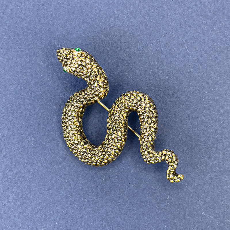 Snake Brooch Pendant, Bronze Colour with Green Rhinestones, Gold-Tone Metal, 30x55mm +