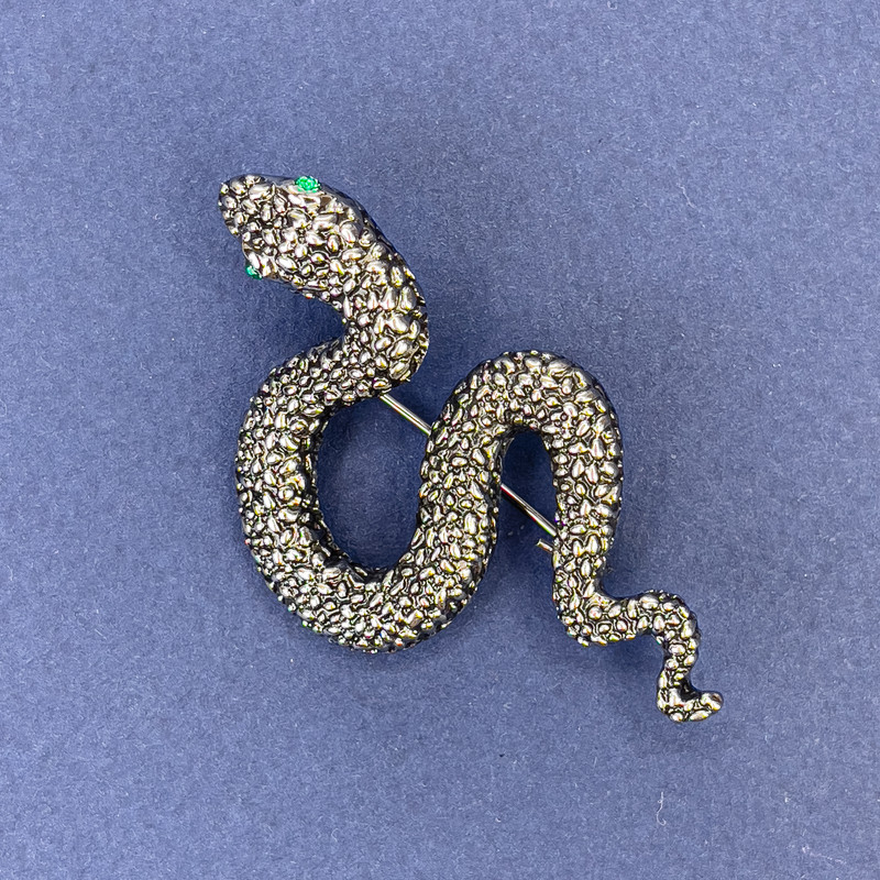 Snake Brooch Pendant with Green Rhinestones, Silver-Tone Metal, 30x55mm +