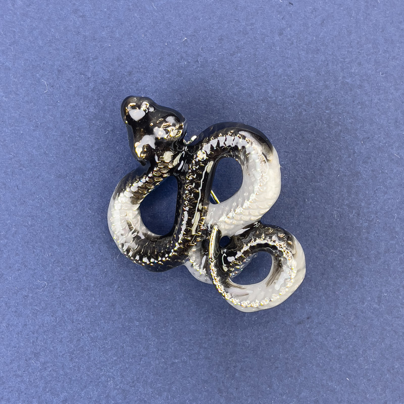 Snake Brooch Pendant, Grey Enamel, Silver-Tone Metal, 40x31mm +