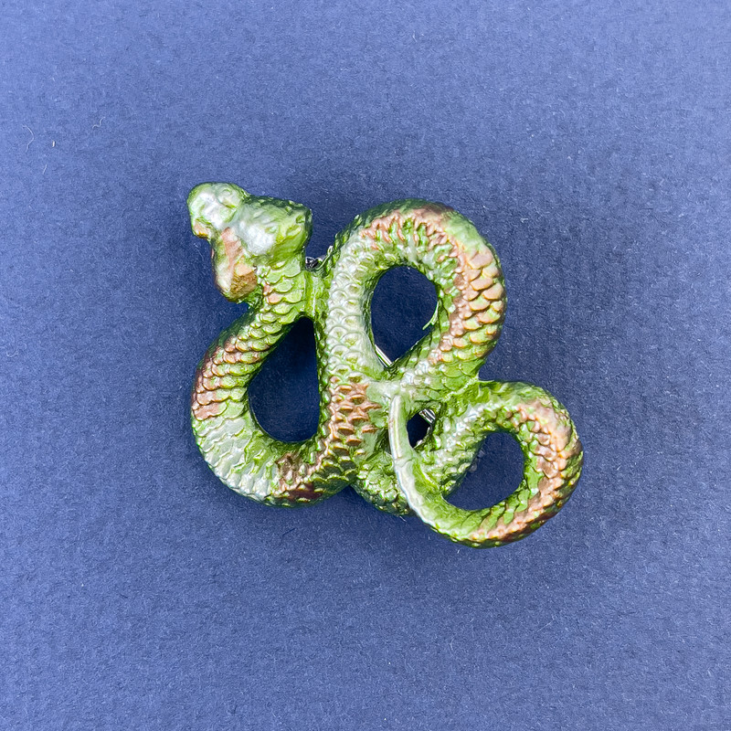 Snake Brooch Pendant, Light Green Enamel, Silver-Tone Metal, 40x31mm +