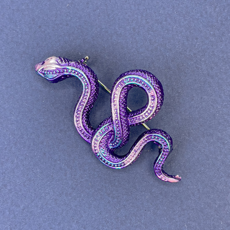 Snake Pendant Brooch, Purple-Blue Enamel, Silver Metal, 30x55mm+