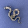 Snake Pendant Brooch with Green Rhinestones, Silver Metal, 30x55mm+