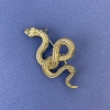Snake Pendant Brooch, Bronze Glossy with Green Rhinestones, Golden Metal, 30x55mm+