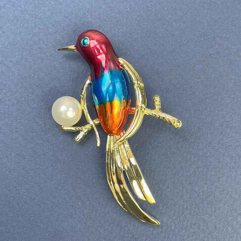 Bird with Pearl Brooch, Colour Red Blue Orange Gold-tone Metal 40x68mm+