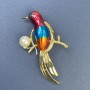 Bird with Pearl Brooch, Colour Red Blue Orange Gold-tone Metal 40x68mm+
