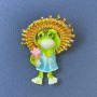 Frog Brooch Yellow Blue and Light Green Gold-Tone Metal, 32x40mm+