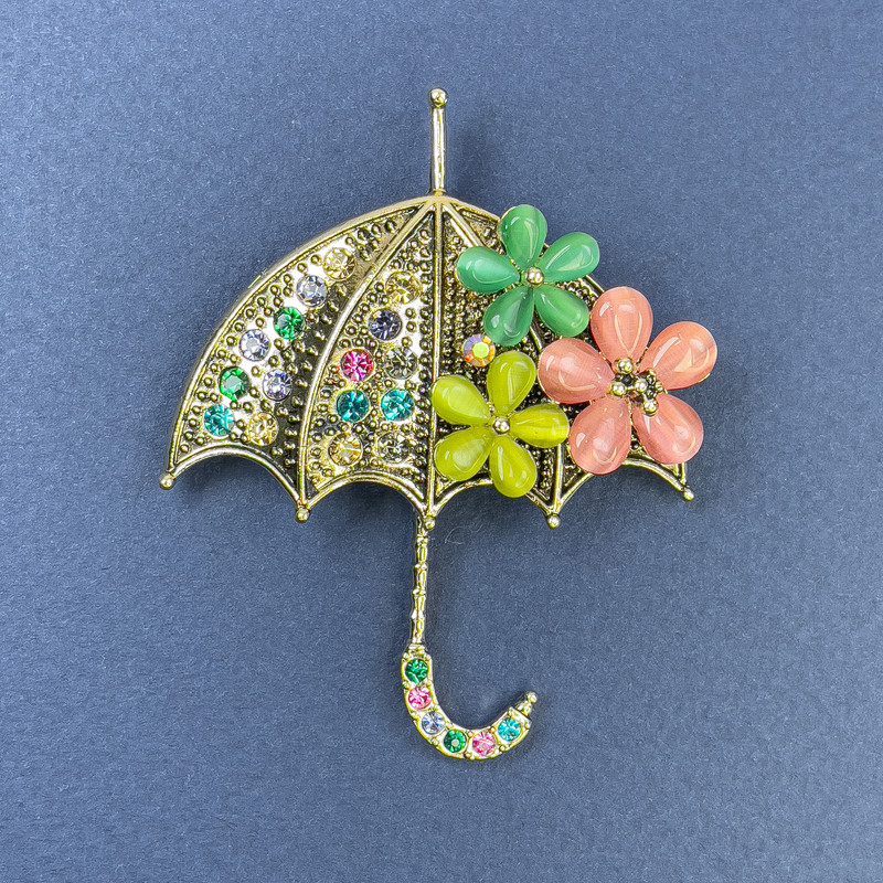 Brooch-Pendant Umbrella, Multicolour Cat's Eye, Rhinestones, Gold-tone Metal, 50x63mm+