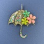 Brooch-Pendant Umbrella, Multicolour Cat's Eye, Rhinestones, Gold-tone Metal, 50x63mm+