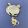 Cat Brooch, White Cat's Eye, White Rhinestones, Gold-tone Metal, 34x58mm+