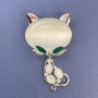 Cat Brooch, White Cat's Eye, White Rhinestones, Silver-tone Metal, 34x58mm+
