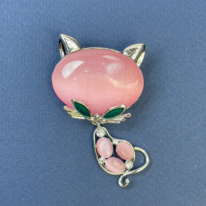 Cat Brooch, Pink Cat's Eye, White Rhinestones, Silver-tone Metal, 34x58mm+