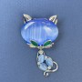 Brooch Cat Blue Cat's Eye White Rhinestones Silver-Tone Metal 34x58mm+