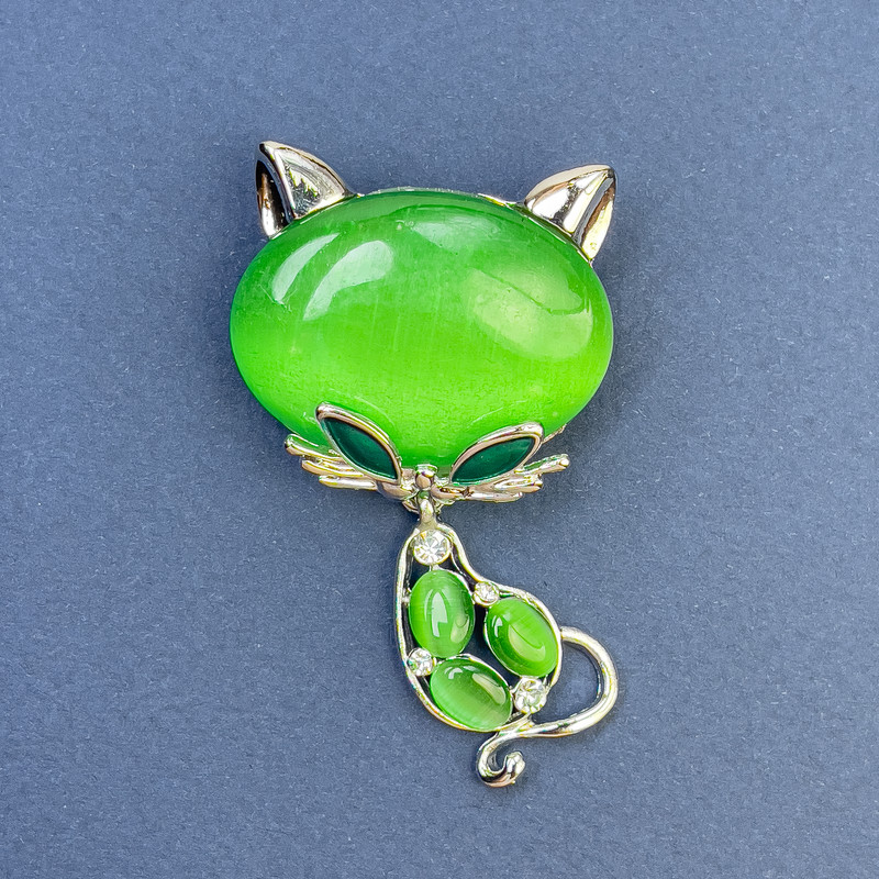 Brooch Cat Green Cat's Eye White Rhinestones Silver-Tone Metal 34x58mm+