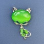 Brooch Cat Green Cat's Eye White Rhinestones Silver-Tone Metal 34x58mm+