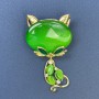 Brooch Cat Green Cat's Eye White Rhinestones Gold-Tone Metal 34x58mm+