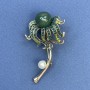 Flower Brooch with Pearl, Green Rhinestones, Green Centre, Gold-tone Metal, 30x56mm+