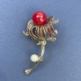Flower Brooch with Pearl, Red Rhinestones, Red Centre, Gold-Tone Metal 30x56mm+
