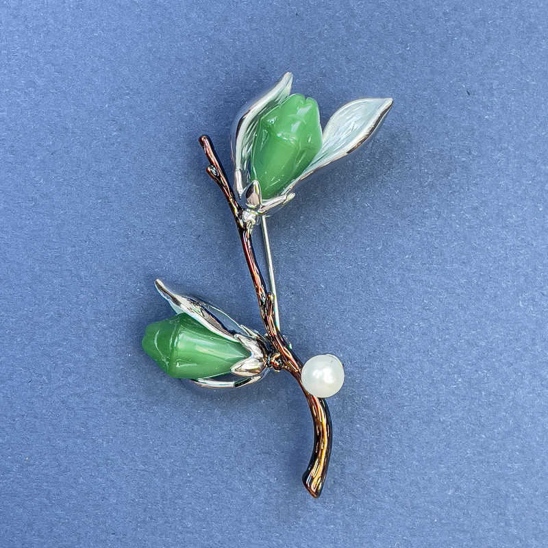 Branch with Flower and Pearl Brooch, Grey and Brown Silver-tone Metal 48x59mm+