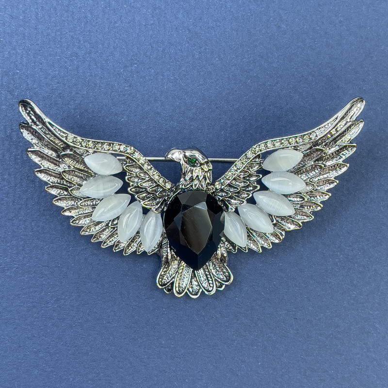 Brooch Pendant Eagle with Cat's Eye and Black Crystal Silver-Tone Metal 44x73mm+