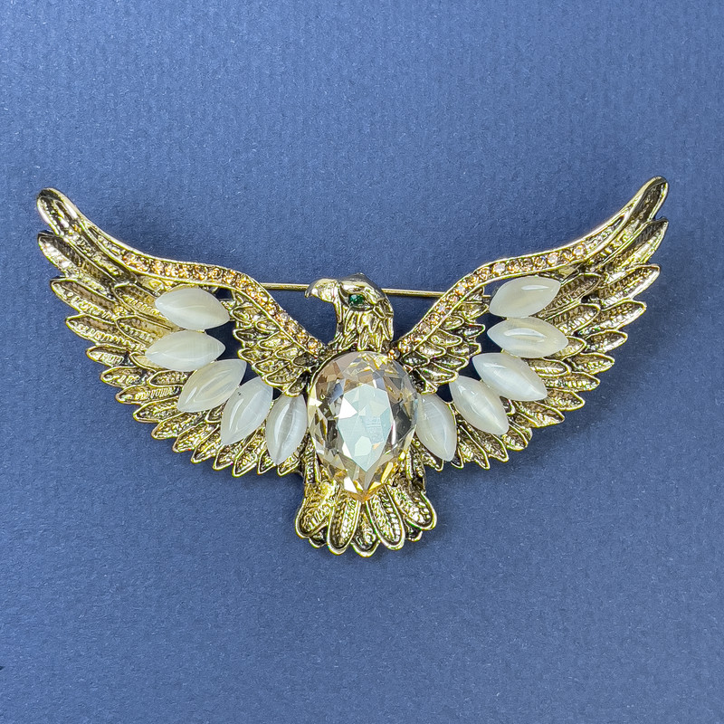 Brooch Pendant Eagle with Cat's Eye and Yellow Crystal Gold-Tone Metal 44x73mm+