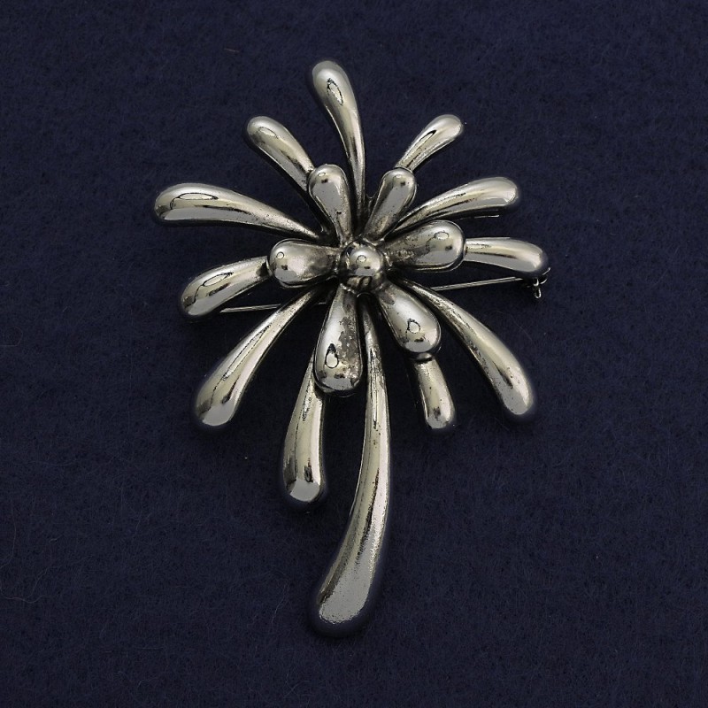 Chrysanthemum Flower Brooch, Silver-tone Metal 55x81mm+