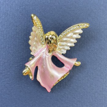 Angel Brooch, white and pink rhinestones, pink and white enamel, gold-tone metal, 31x43mm+
