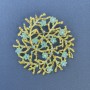 Branch Pendant Brooch with Light Blue Flowers and Rhinestones, Gold-tone Metal, Diameter 60mm+