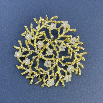 Branch Pendant Brooch with White Flowers and Rhinestones, Gold-tone Metal, Diameter 60mm+
