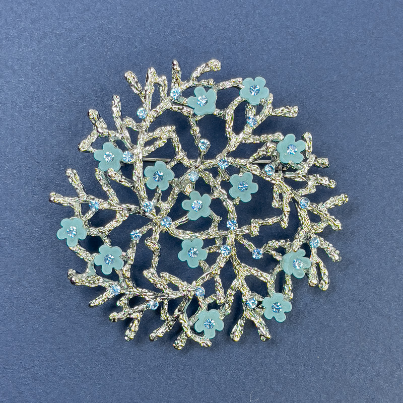 Branch Pendant Brooch with Light Blue Flowers and Rhinestones, Silver-tone Metal, Diameter 60mm+