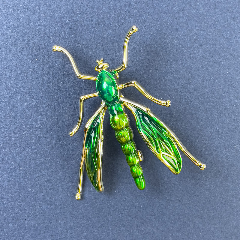 Insect Brooch Green Gold-Tone Metal, Diameter 39mm+-, Length 42mm+