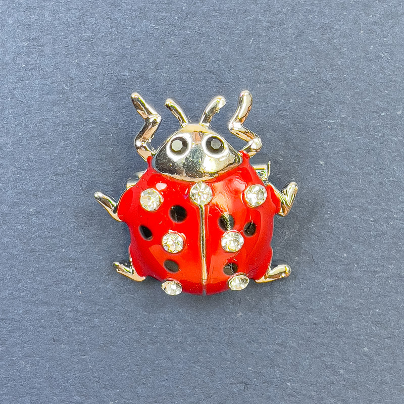 Ladybird Brooch with White Rhinestones, Red Silver-tone Metal, Diameter 22mm+-, Length 23mm+