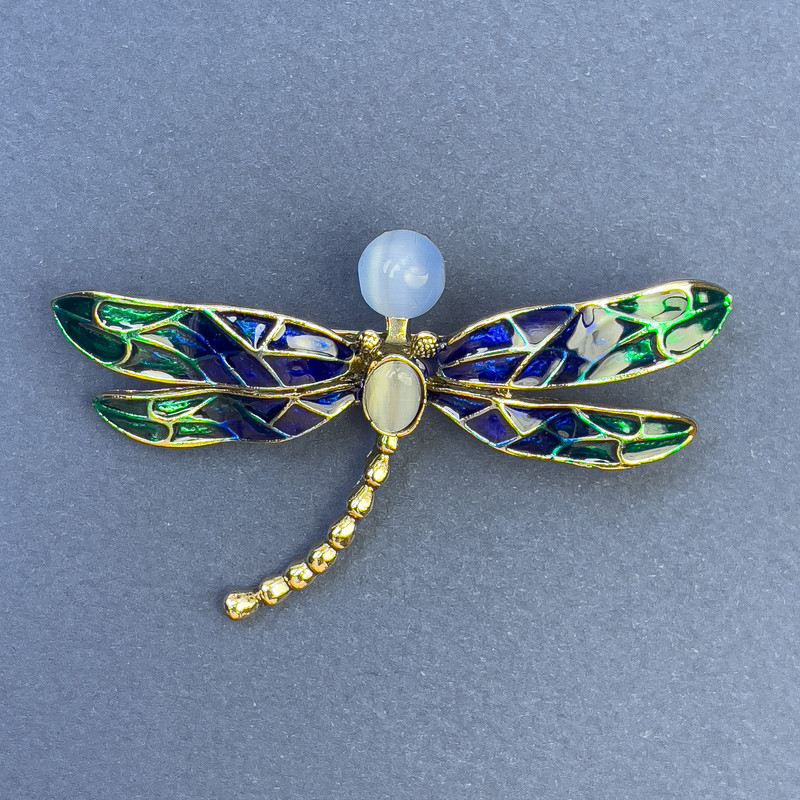 Dragonfly Brooch, blue and grey Cat's Eye stone, enamel, gold-tone metal, diameter 61mm+/-, length 40mm+