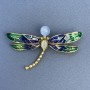 Dragonfly Brooch, blue and grey Cat's Eye stone, enamel, gold-tone metal, diameter 61mm+/-, length 40mm+