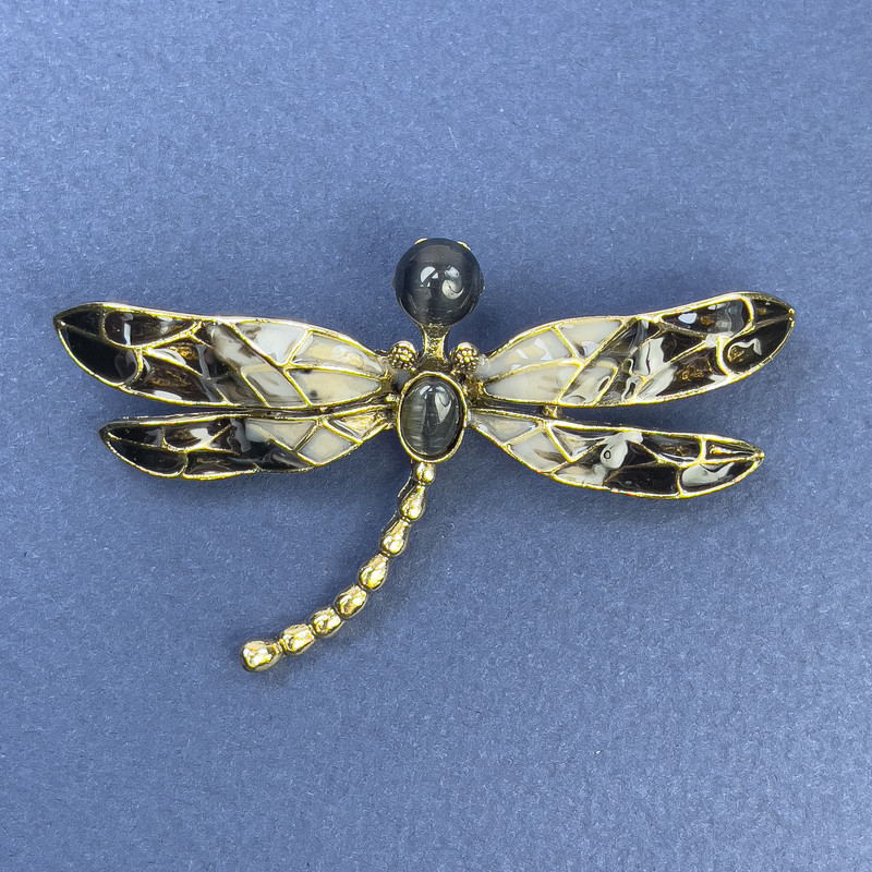 Dragonfly Brooch, Grey Cat's Eye Stone, Enamel, Gold-Tone Metal, Diameter 61mm+-, Length 40mm+