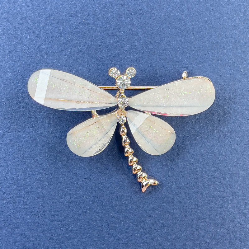 Brooch Dragonfly White Rhinestones Pale Pink Gold-Tone Metal, Diameter 40mm+/-, Length 30mm+