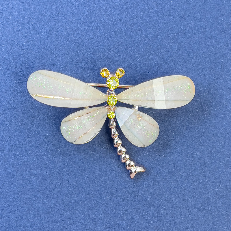 Brooch Dragonfly Yellow and White Rhinestones Beige Gold-Tone Metal, Diameter 40mm+/-, Length 30mm+
