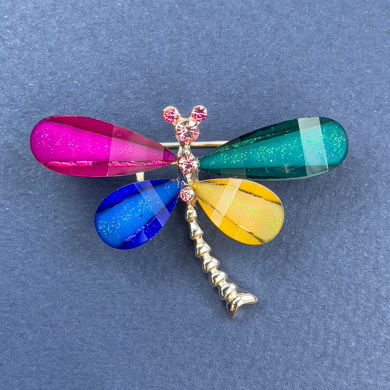 Dragonfly Brooch, White & Pink Rhinestones, Multicoloured, Gold-Tone Metal, Diameter 40mm+/-, Length 30mm+
