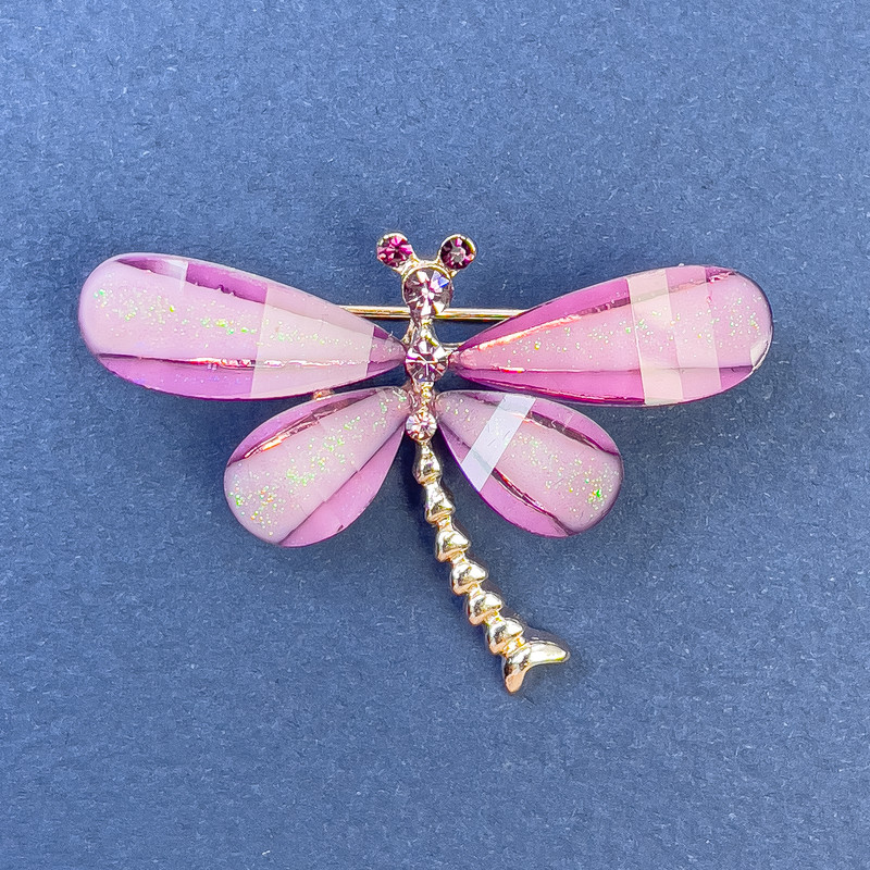 Dragonfly Brooch, White & Pink Rhinestones, Light Purple Colour, Gold-Tone Metal, Diameter 40mm+/-, Length 30mm+