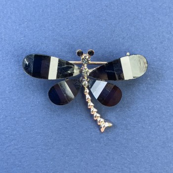 Brooch Dragonfly White and Grey Rhinestones Black Colour Gold-Tone Metal, Diameter 40mm+-, Length 30mm+