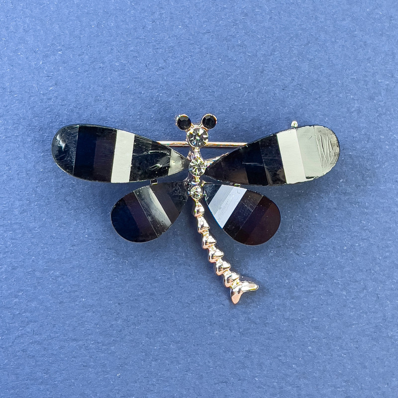 Brooch Dragonfly White and Grey Rhinestones Black Colour Gold-Tone Metal, Diameter 40mm+-, Length 30mm+