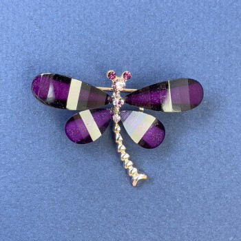 Brooch Dragonfly White and Pink Rhinestones Purple Colour Gold-Tone Metal, Diameter 40mm+-, Length 30mm+