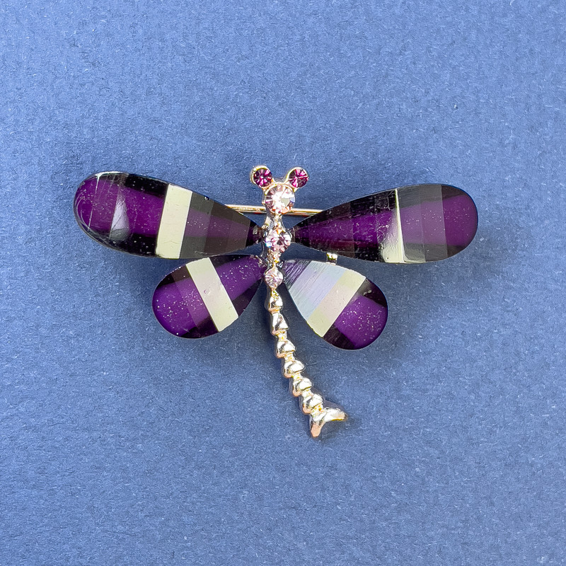 Brooch Dragonfly White and Pink Rhinestones Purple Colour Gold-Tone Metal, Diameter 40mm+-, Length 30mm+
