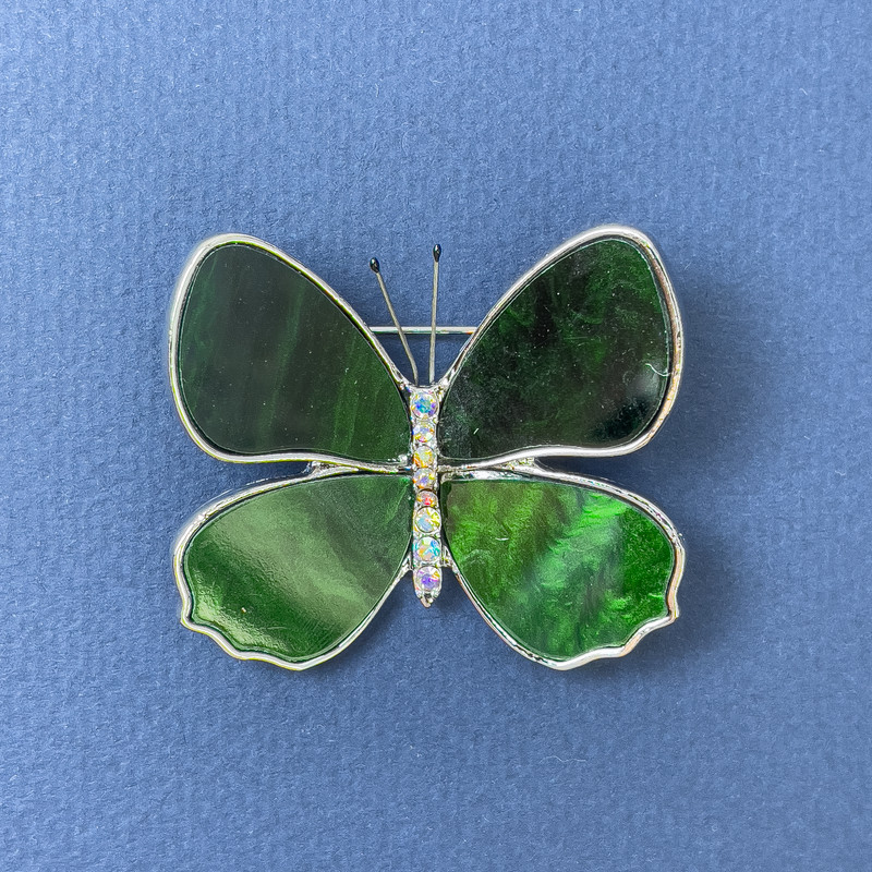 Butterfly Brooch, Rainbow Rhinestones, Green Mother-of-Pearl, Silver-tone Metal, diameter 44mm+/-, length 38mm+