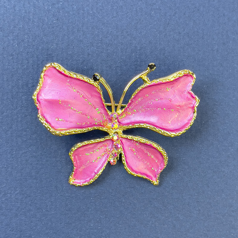 Butterfly Brooch with Pink Rhinestones, Gold-tone Metal, Diameter 44mm+-, Length 33mm+